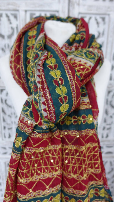 Vintage Green And Red Large Wedding Dupatta - New