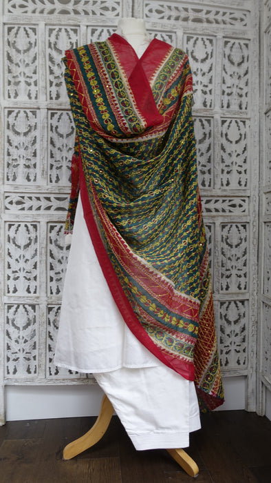 Vintage Green And Red Large Wedding Dupatta - New