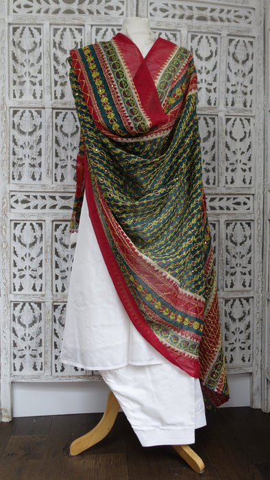 Vintage Green And Red Large Wedding Dupatta - New