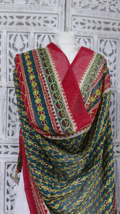 Vintage Green And Red Large Wedding Dupatta - New