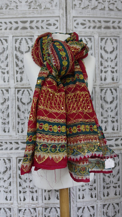 Vintage Green And Red Large Wedding Dupatta - New