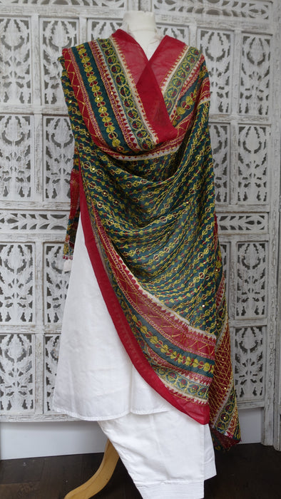 Vintage Green And Red Large Wedding Dupatta - New