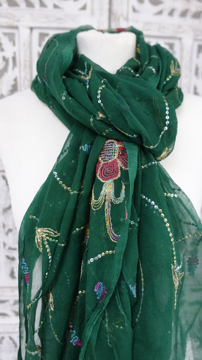 Green Silk Chiffon Vintage Dupatta - New