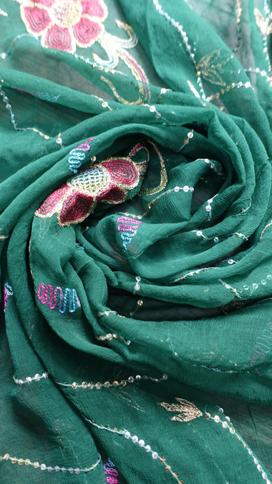 Green Silk Chiffon Vintage Dupatta - New