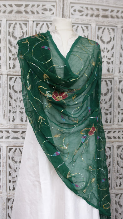 Green Silk Chiffon Vintage Dupatta - New