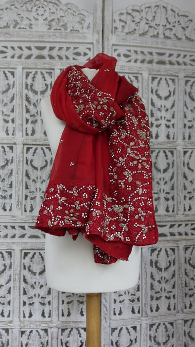 Red Silk Viole Vintage Wedding Dupatta - Preloved