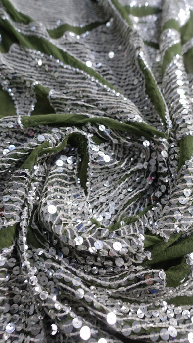 Vintage Olive Green Silver Sequinned Dupatta - New