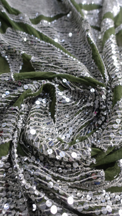 Vintage Olive Green Silver Sequinned Dupatta - New