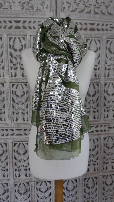 Vintage Olive Green Silver Sequinned Dupatta - New