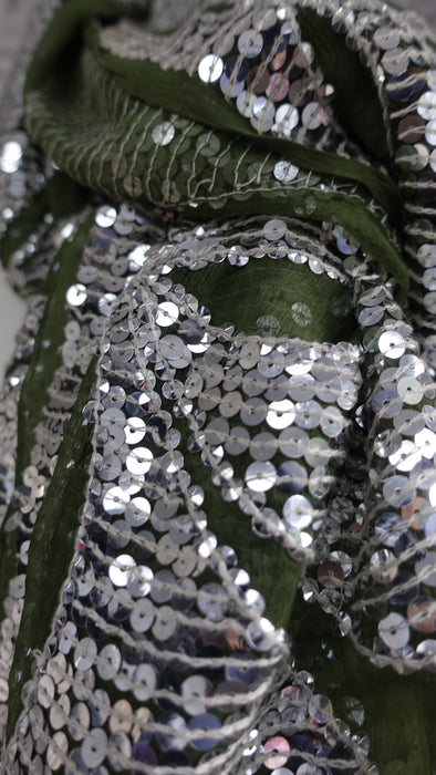Vintage Olive Green Silver Sequinned Dupatta - New