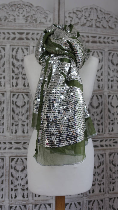 Vintage Olive Green Silver Sequinned Dupatta - New