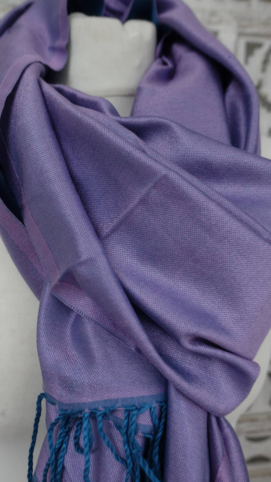Lilac And Dark Turquoise 2 Tone Reversible Fringed Pure Silk Scarf - New