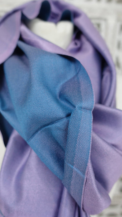 Lilac And Dark Turquoise 2 Tone Reversible Fringed Pure Silk Scarf - New