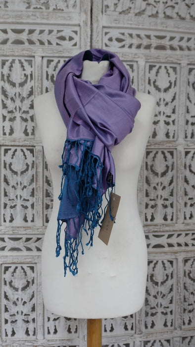 Lilac And Dark Turquoise 2 Tone Reversible Fringed Pure Silk Scarf - New