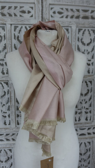 Baby Pink And Gold 2 Tone Reversible Pure Silk Scarf - New