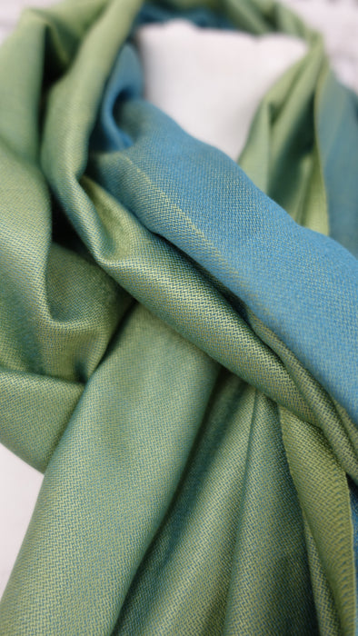 Lime Green And Dark Turquoise 2 Tone Reversible Pure Silk Scarf - New