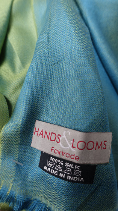 Lime Green And Dark Turquoise 2 Tone Reversible Pure Silk Scarf - New
