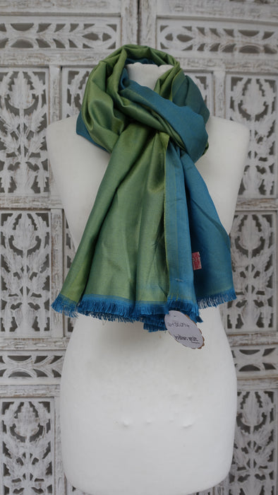 Lime Green And Dark Turquoise 2 Tone Reversible Pure Silk Scarf - New