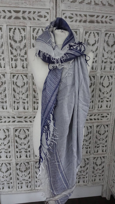 Blue And White Square Soft Cotton Blend Scarf - New