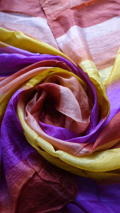 Orange Purple And Amber Pure Silk Square Hands And Loom Scarf
