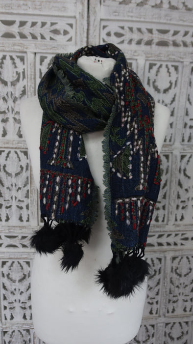 Winter Warm Blue Green Rust Handloom Wool Scarf With Bobbles