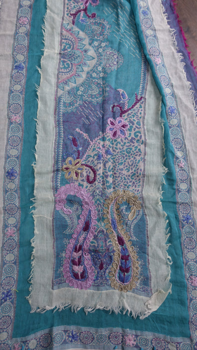 Aqua Blue Layered Fine Wool Scarf Handloom With Hand Embroidery