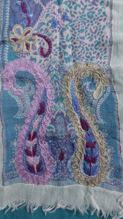 Aqua Blue Layered Fine Wool Scarf Handloom With Hand Embroidery