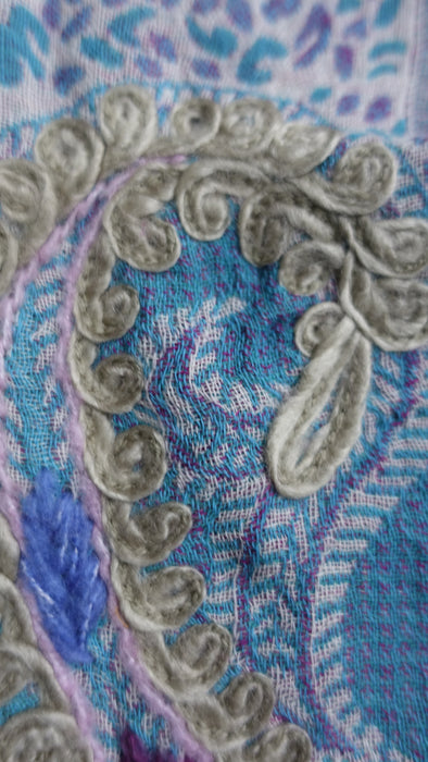 Aqua Blue Layered Fine Wool Scarf Handloom With Hand Embroidery