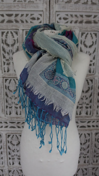 Aqua Blue Layered Fine Wool Scarf Handloom With Hand Embroidery