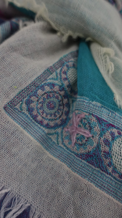Aqua Blue Layered Fine Wool Scarf Handloom With Hand Embroidery