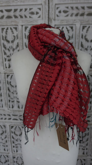 Dark Rust Red Cotton Weave Check Scarf
