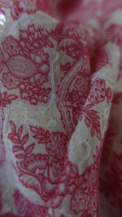 Pink And White Cotton Embroidered Iridescent Sequined Scarf