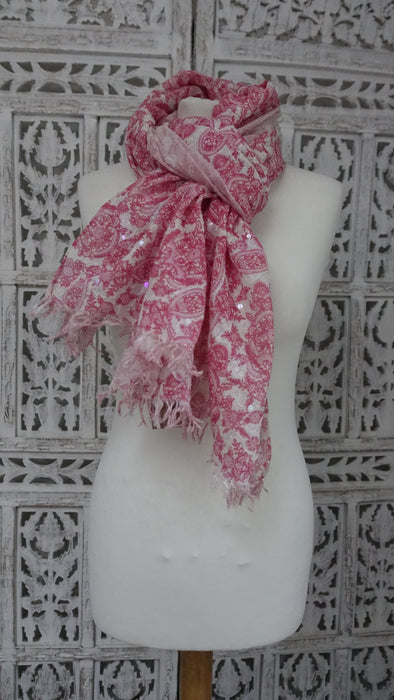 Pink And White Cotton Embroidered Iridescent Sequined Scarf