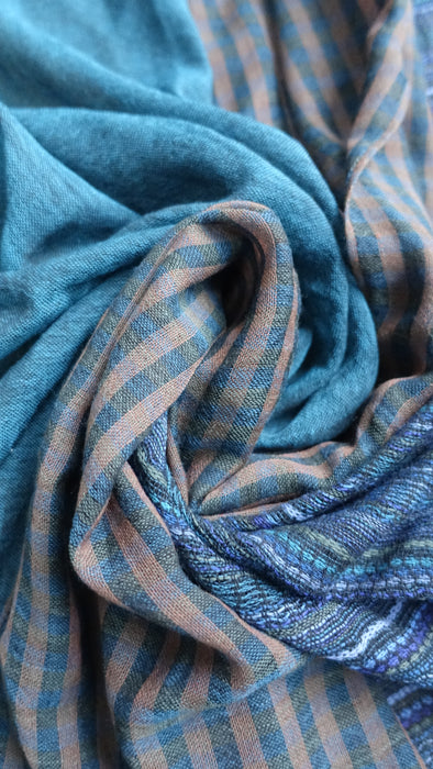 Three Ply Teal And Brown Checked Scarf Handloom