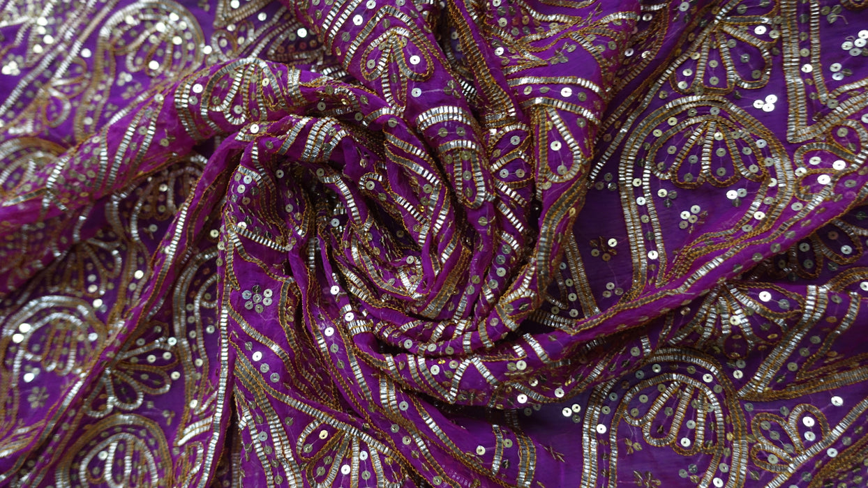 Hot Pink Vintage Silk Chiffon Sikhiya Gota Wedding Dupatta  - New