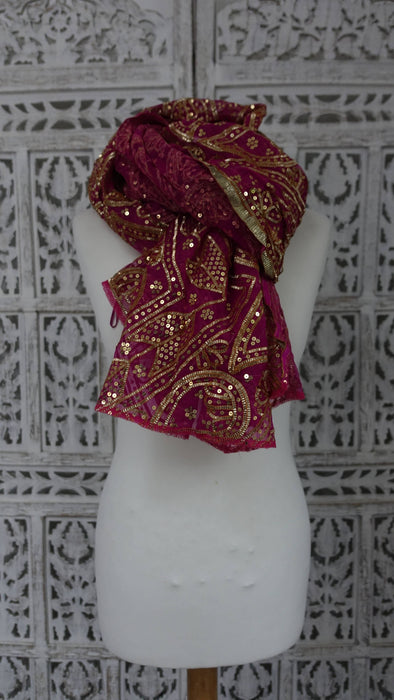 Hot Pink Vintage Silk Chiffon Sikhiya Gota Wedding Dupatta  - New