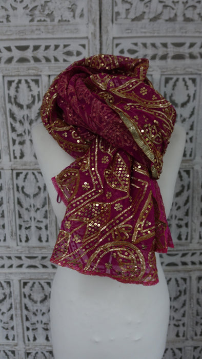 Hot Pink Vintage Silk Chiffon Sikhiya Gota Wedding Dupatta  - New