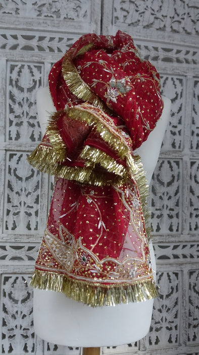 Red Vintage Gota Trimmed Wedding Dupatta - New