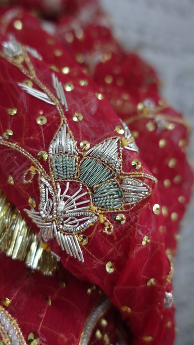 Red Vintage Gota Trimmed Wedding Dupatta - New