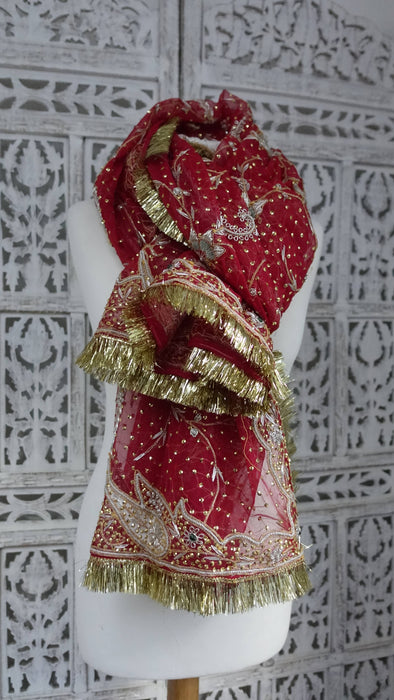 Red Vintage Gota Trimmed Wedding Dupatta - New