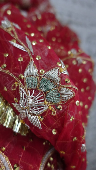 Red Vintage Gota Trimmed Wedding Dupatta - New