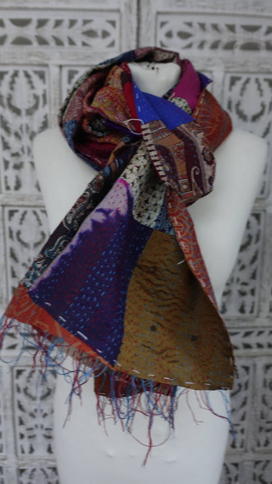Double Sided Pure Silk Patchwork Scarf With Kantha Stitching - new