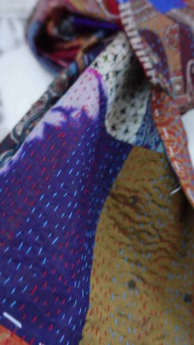 Double Sided Pure Silk Patchwork Scarf With Kantha Stitching - new