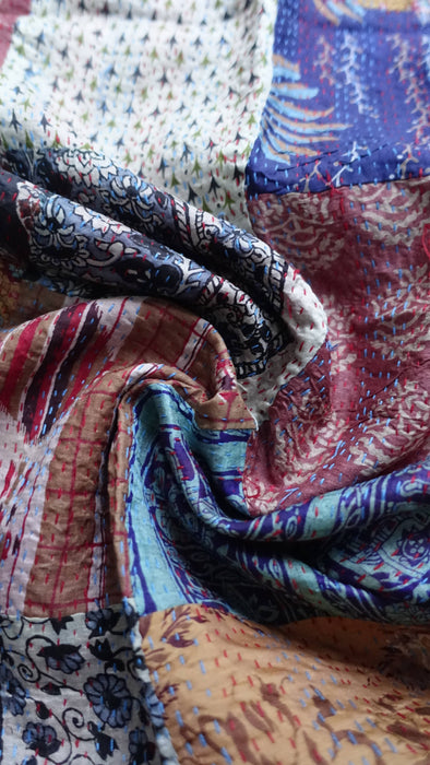 Double Sided Pure Silk Patchwork Scarf With Kantha Stitching - new