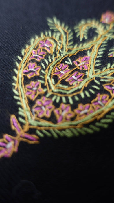 Black wool shawl with pink, green and blue floral embroidery – view 4