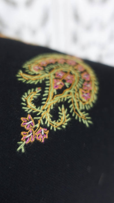 Black wool shawl with pink, green and blue floral embroidery – view 5