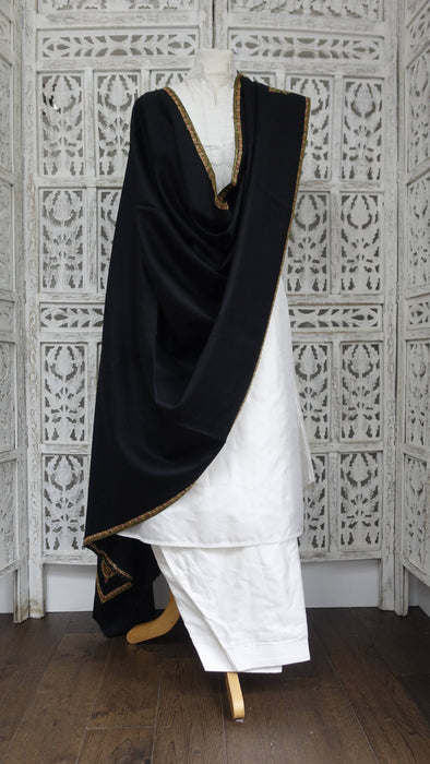 Black wool shawl with pink, green and blue floral embroidery – view 2