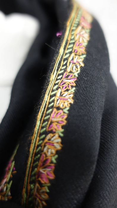 Black wool shawl with pink, green and blue floral embroidery – view 7