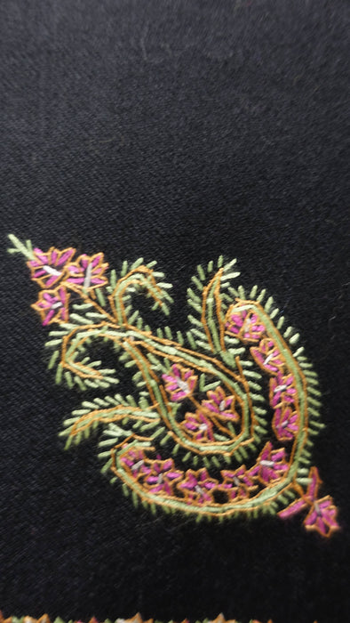 Black wool shawl with pink, green and blue floral embroidery – view 3