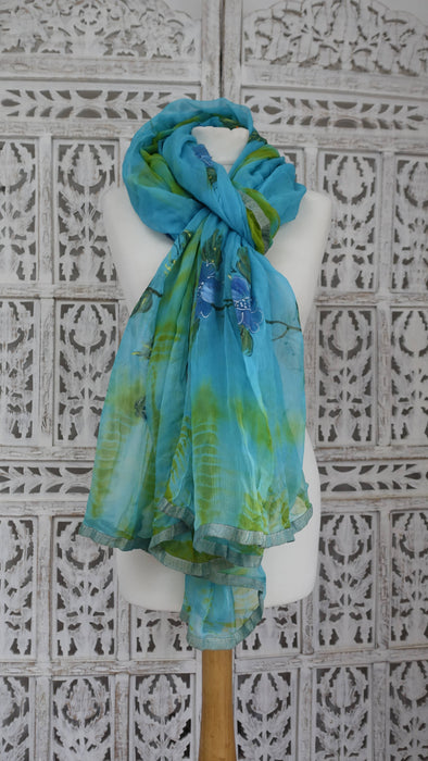 Green And Blue Hand Painted Chiffon Dupatta